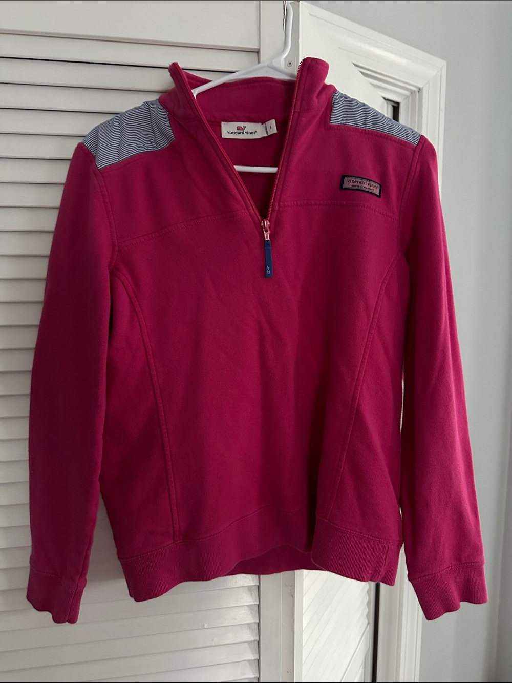 Vineyard Vines Fuchsia Quarter-Zip Pullover with Striped Shoulder Detail